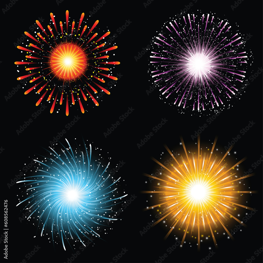A collection of four brightly coloured firework explosions A collection of four brightly coloured firework explosions