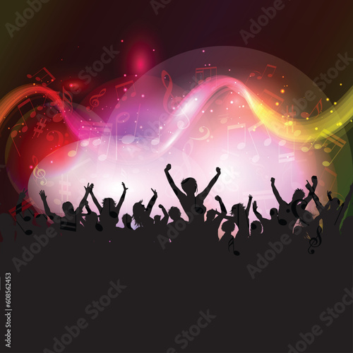 Silhouette of an excited audience on a colourful music notes background