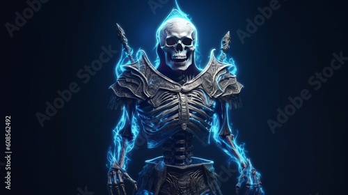 A skeletal warrior holding a sword against a dark background. Generative ai © LabirintStudio