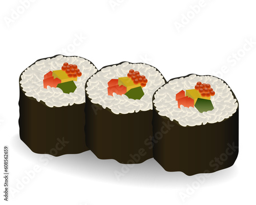 three rolls sushi on white background