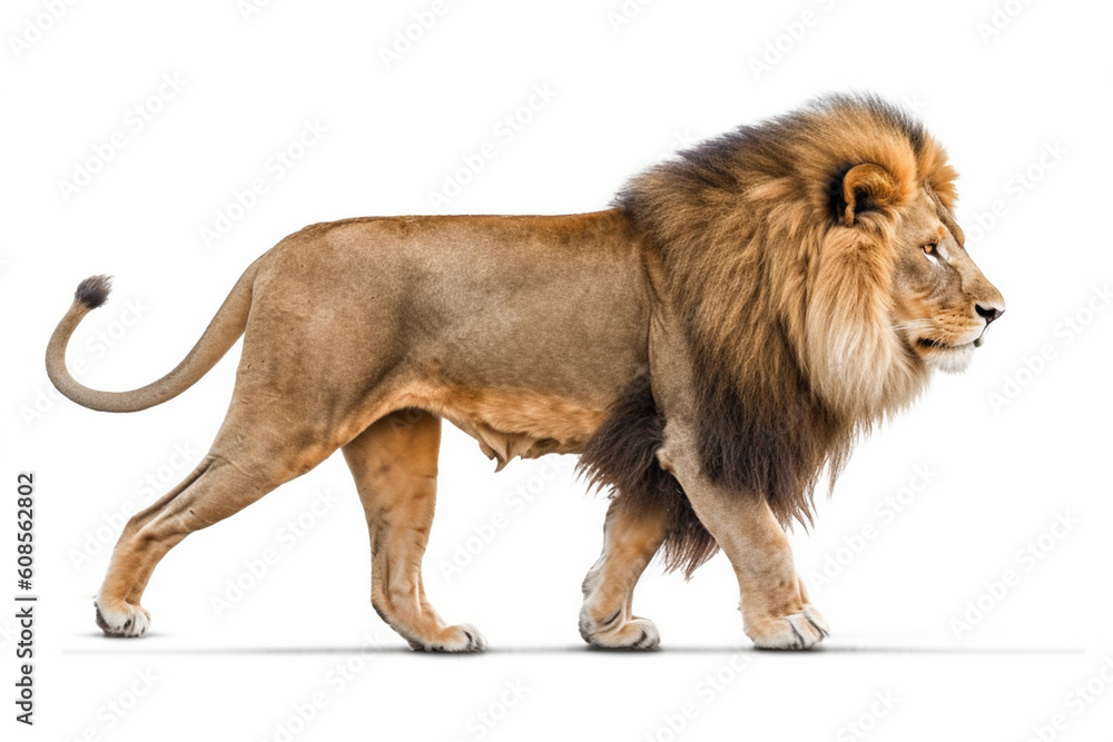 Side view of a male lion walking in front of a white background with Generative AI.