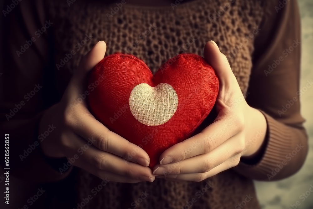 Female hands hold and giving red heart. Generative AI Female hands hold and giving red heart. Generative AI