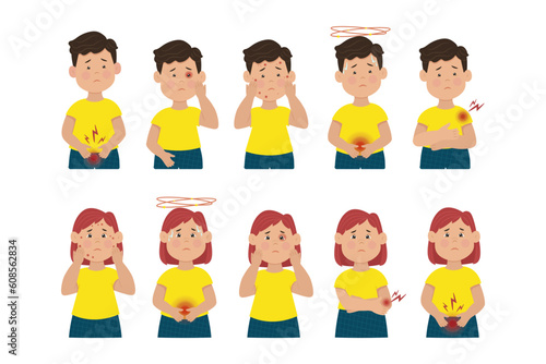 Childrens Infections, Kid disease, Boys and girls with various diseases. Vaccination concept. Flat vector illustration.
