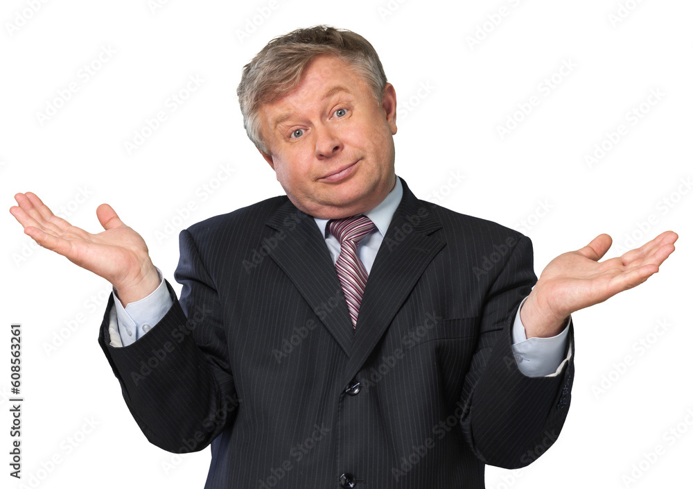 Adult business man with a puzzled shrug