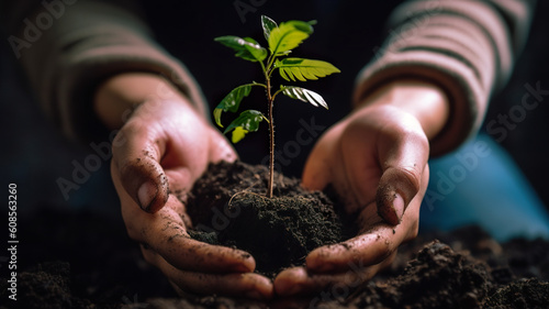 A person holding a small plant in their hands. Generative AI. Planting trees for green sustainable future.