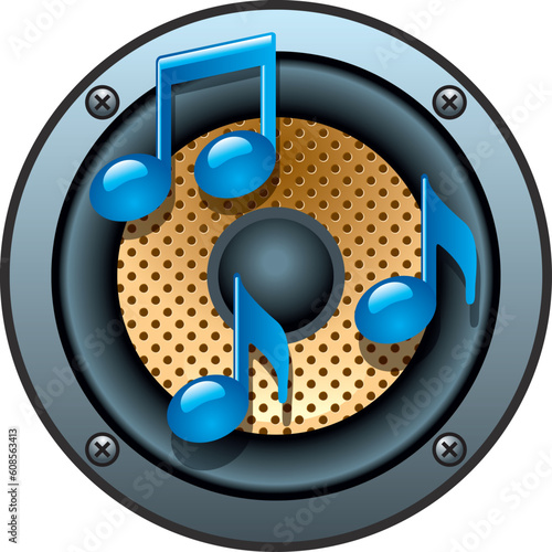 Audio Speaker Icon with musical notes on white background. Vector illustration
