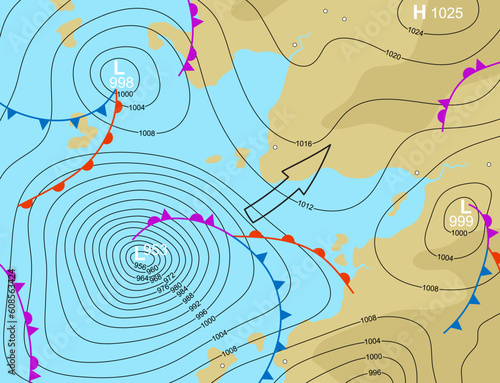 Editable vector illustration of a generic weather map showing a storm depression