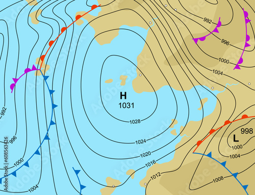 Editable vector illustration of a generic weather map showing a high pressure system