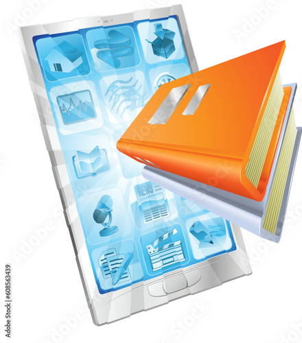 Book icon coming out of phone screen concept for ebooks, reader apps,  online database, elearning.