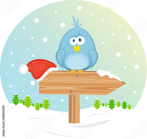 Blue bird and christmas hat on the waymark. Vector Illustration.