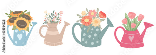 Vector set of various watering cans with bouquets of flowers. Summer set with gardening tools and floral arrangement. Cartoon elements