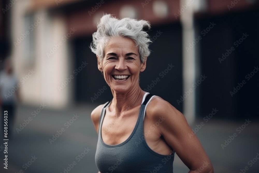 Fitness older woman running outside in the morning. Active healhy lifestyle among seniors. AI Generated. Fitness older woman running outside in the morning. Active healhy lifestyle among seniors. AI Generated.
