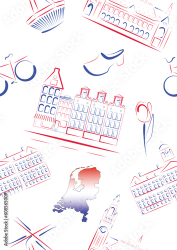 Set of vector drawn stylized sights and symbols of Netherlands. Seamless.