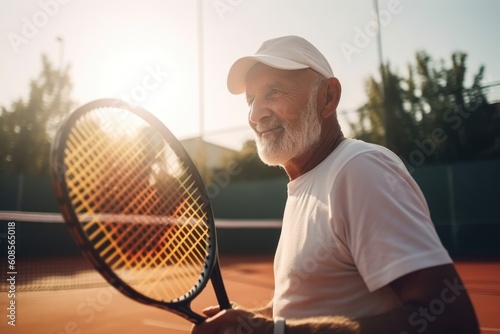 Portrait of senior man with tennis racket. Concept of active retired life. AI Generated.