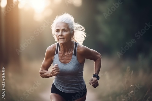 Fitness older woman running outside in the morning. Active healhy lifestyle among seniors. AI Generated.