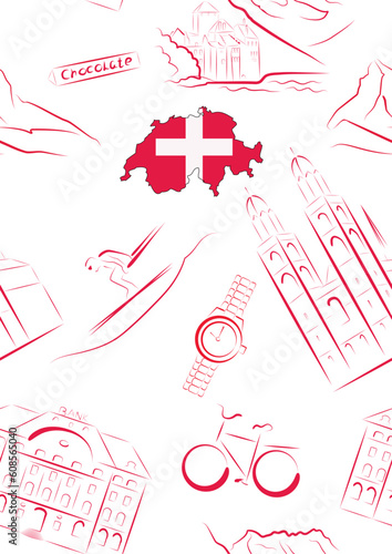 Set of vector drawn stylized sights and symbols of Switzerland. Seamless.