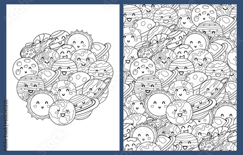 Cute planets coloring pages set in US Letter format. Black and white doodle space background with planets characters. Solar system templates for coloring book. Vector illustration