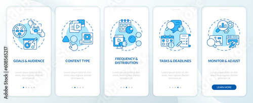 Make editorial calendar blue onboarding mobile app screen. Digital marketing walkthrough 5 steps editable graphic instructions with line concepts. UX, GUI template. Myriad Pro-Bold, Regular fonts used