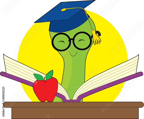 Green bookworm with a mortar cap reading a book on a desk with an apple.