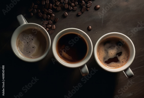 three different cups of coffee on a table, in the style of aerial view