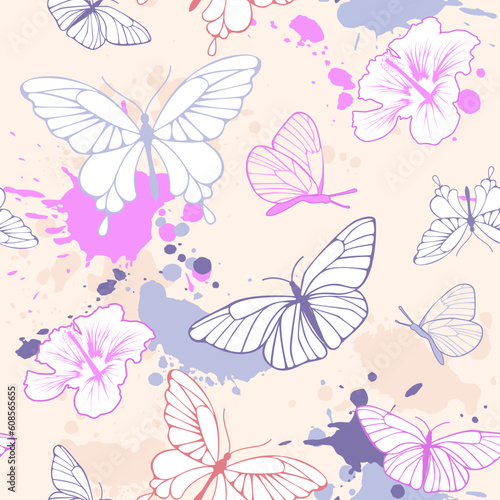 grunge seamless pattern with butterflies and blots