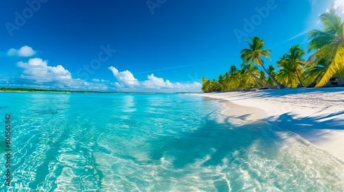 A stunning panorama of a pristine tropical paradise beach: pure white sands meeting crystal clear, shimmering turquoise water, dotted with vibrant, lush palm trees providing pockets of shade