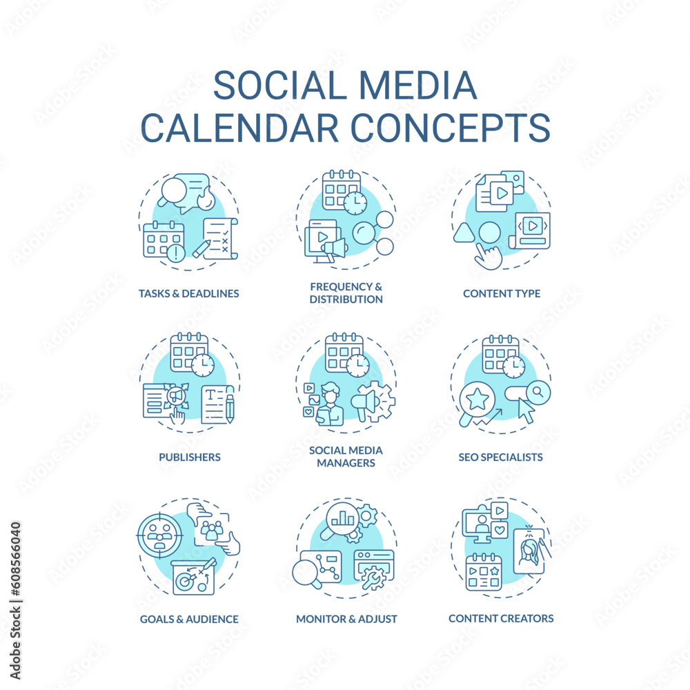 Social media calendar turquoise concept icons set. Digital content. Online tool. Schedule planner. Internet blog. Marketing plan idea thin line color illustrations. Isolated symbols. Editable stroke