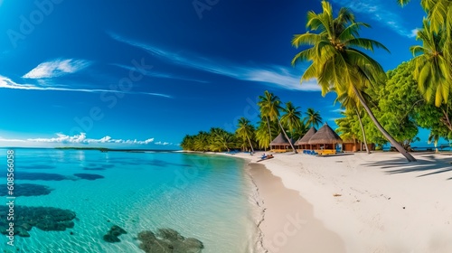 A stunning panorama of a pristine tropical paradise beach  pure white sands meeting crystal clear  shimmering turquoise water  dotted with vibrant  lush palm trees providing pockets of shade