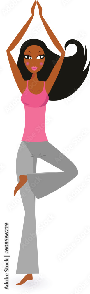Cute afro woman practicing yoga exercise. Vector Illustration. Cute afro woman practicing yoga exercise. Vector Illustration.