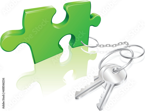 Key attached to jigsaw piece. Concept for solution to a problem