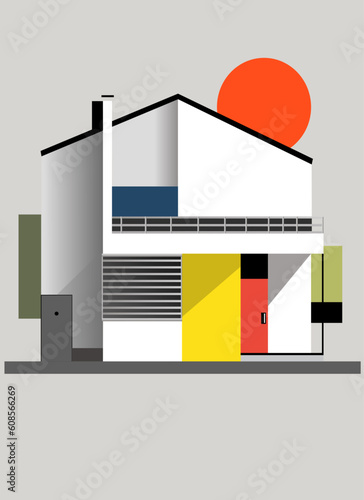 casa de estilo bauhaus con tejado a dos aguas y sol naranja al fondo, vector de formas geométricas en forma de casa, Vector conjunto de cubiertas geométricas retro bauhaus. 