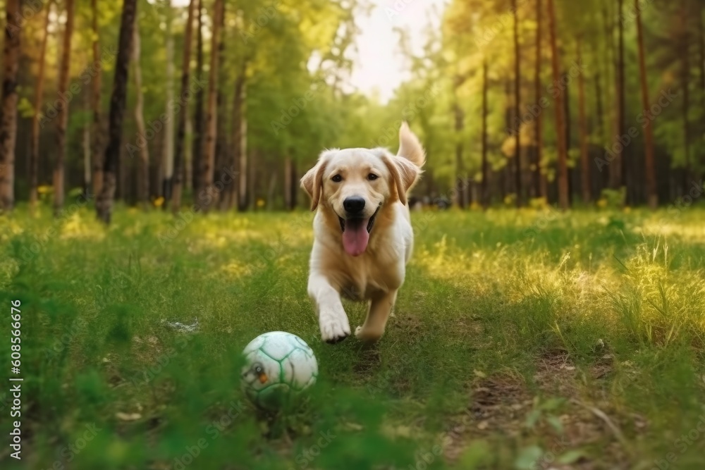 Golden Retriever plays with a ball: A beautiful dog walking and running. Generative AI