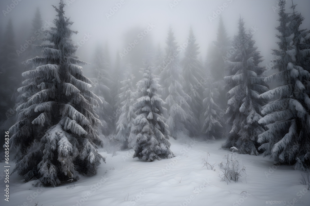 Fototapeta premium snow covered pine trees in the forest