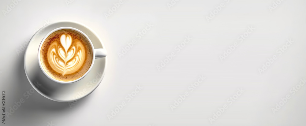 Hot drink made by a barista. Panoramic image of a latte or cappuccino coffee cup on an isolated white banner background with space to copy. Generative AI.