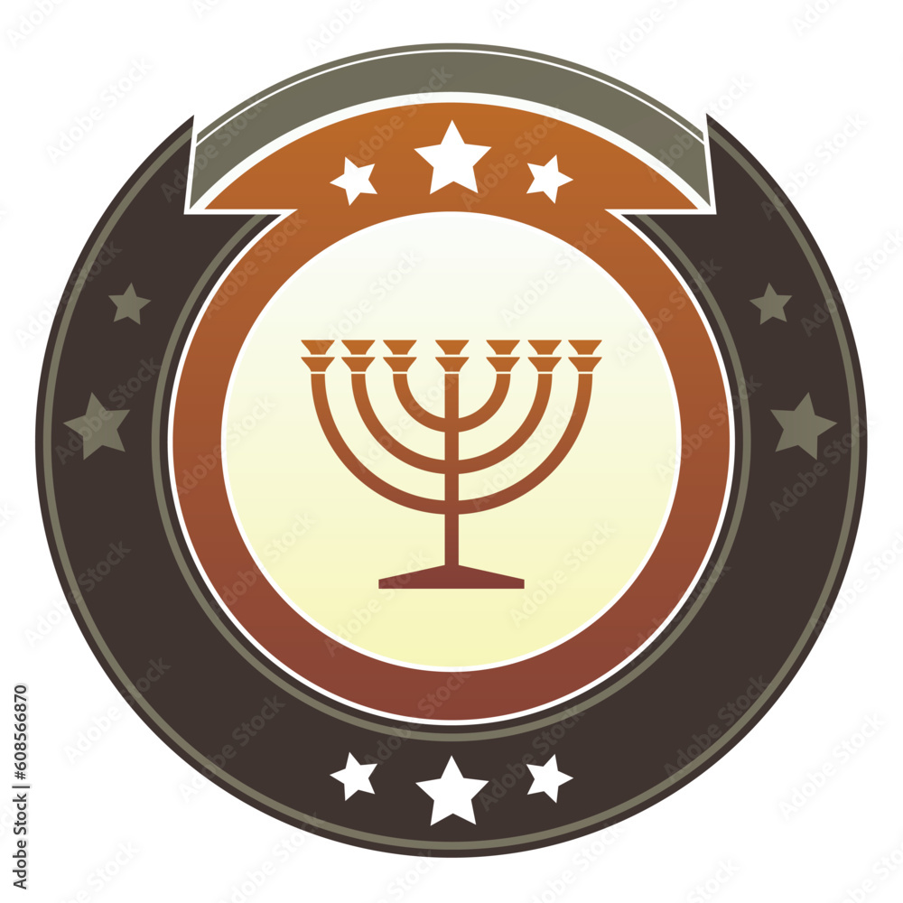 Jewish menorah icon on round red and brown imperial vector button with