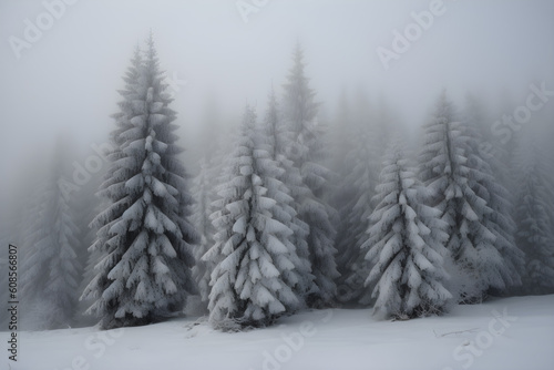 snow covered pine trees in the forest