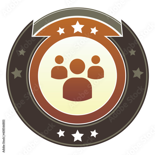 Group, social, or community icon on round red and brown imperial vector button with star accents