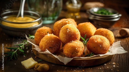 Authentic Italian Food Images of Deep Fried Arancini Dish on Olive Papers at Rustic Table. photo