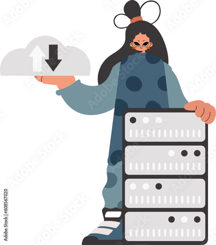 The energized woman is holding a data cloud and a server. Restricted. Trendy style, Vector Illustration photo