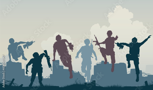 Editable vector silhouettes of armed soldiers charging forward