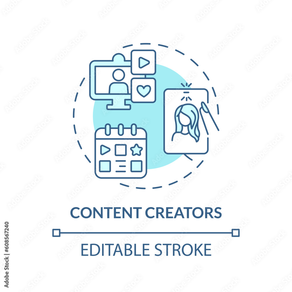 Content creators turquoise concept icon. Internet blog. Influencer marketing. Editorial calendar. Publish online abstract idea thin line illustration. Isolated outline drawing. Editable stroke