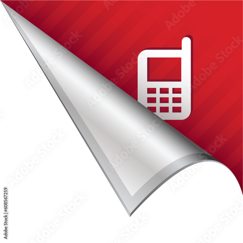 Cellphone or mobile phone icon on vector peeled corner tab suitable for use in print, on websites, or in advertising materials.