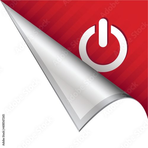 Computer power icon on vector peeled corner tab suitable for use in print, on websites, or in advertising materials.
