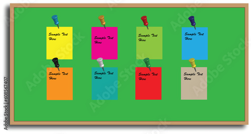 A Vector Green Office Noticeboard with reminder memos and pushpins with editable text usable as background