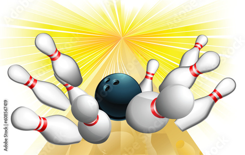 An illustration of a bowling ball scoring a strike