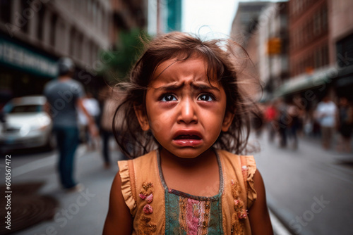 AI generated portrait of candid authentic fright Indian little girl at urban street background