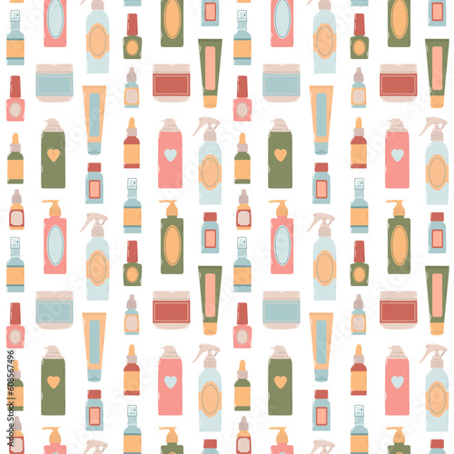 Seamless pattern of different bottles  flacons  sprays for design cosmetic products in flat vector illustration of warm palette. Cosmetology  dermatology  podology