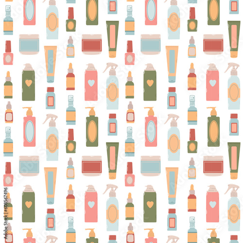Seamless pattern of different bottles, flacons, sprays for design cosmetic products in flat vector illustration of warm palette. Cosmetology, dermatology, podology