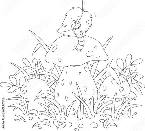 Friendly smiling small worm looking out of its hole in a large cap of a mushroom among thick grass on a forest glade, black and white outline vector cartoon illustration for a coloring book