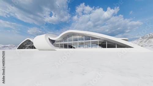 Architecture background exterior of white curved building 3d render